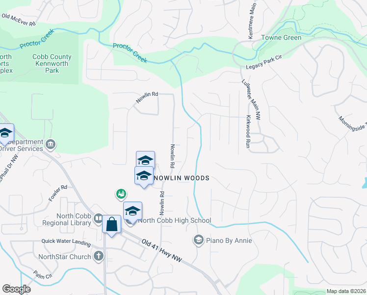 map of restaurants, bars, coffee shops, grocery stores, and more near 3133 Kirkwood Drive Northwest in Kennesaw