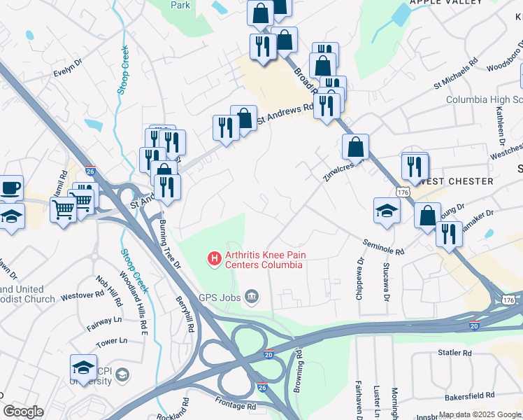 map of restaurants, bars, coffee shops, grocery stores, and more near 110 Amsterdam Drive in Columbia
