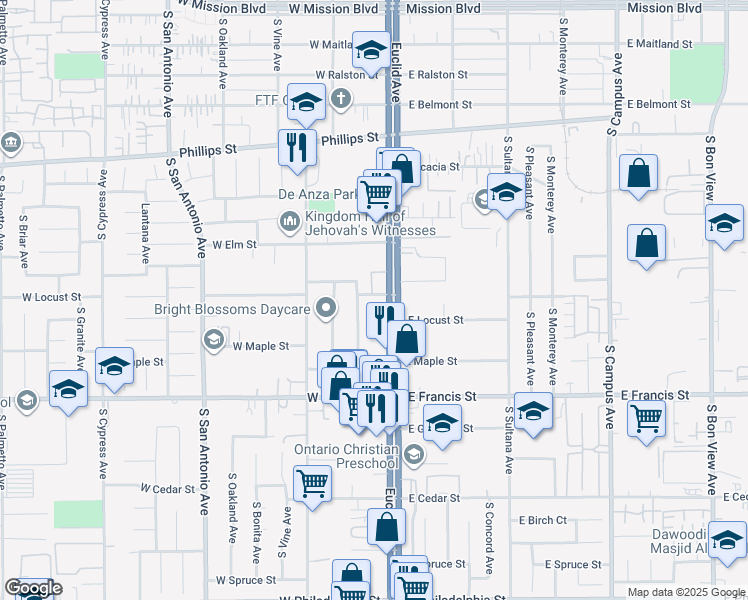 map of restaurants, bars, coffee shops, grocery stores, and more near 1610 South Euclid Avenue in Ontario
