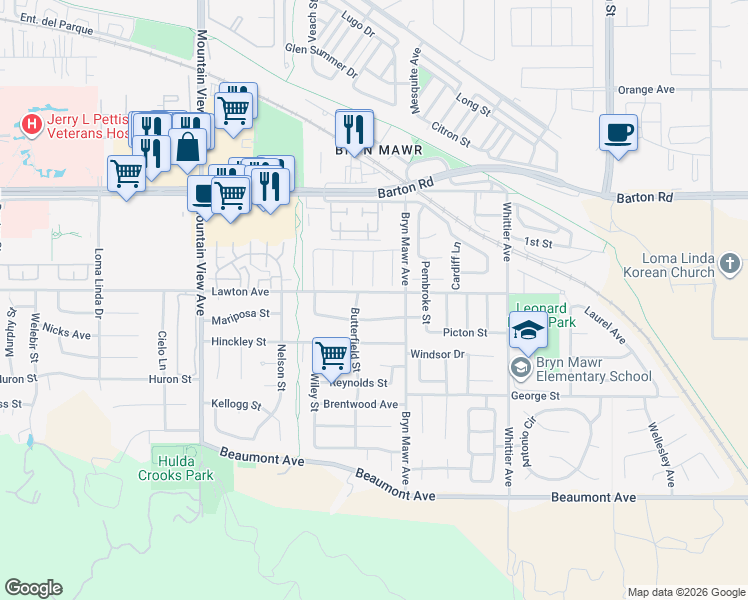 map of restaurants, bars, coffee shops, grocery stores, and more near 26072 Gardner Street in Loma Linda