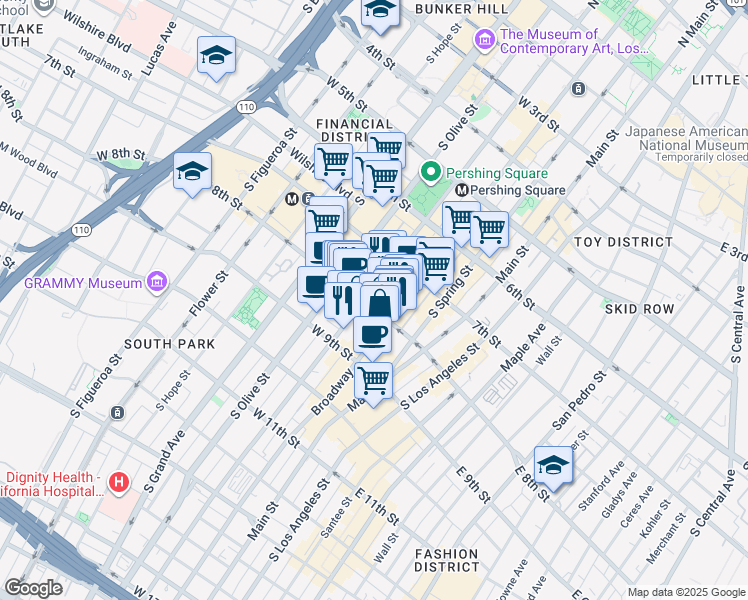 map of restaurants, bars, coffee shops, grocery stores, and more near 320 West 8th Street in Los Angeles