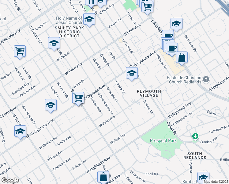 map of restaurants, bars, coffee shops, grocery stores, and more near 625 Alvarado Street in Redlands