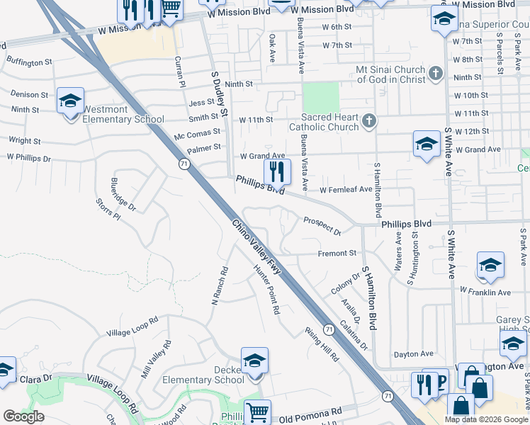 map of restaurants, bars, coffee shops, grocery stores, and more near 1406 Prospect Drive in Pomona