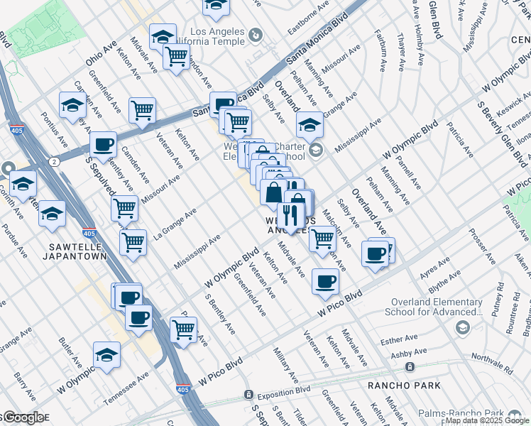 map of restaurants, bars, coffee shops, grocery stores, and more near 2112 Midvale Avenue in Los Angeles