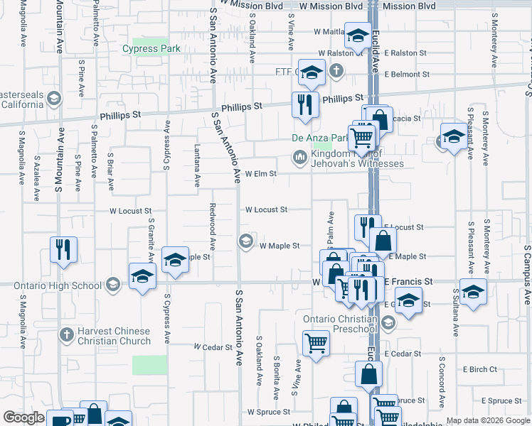 map of restaurants, bars, coffee shops, grocery stores, and more near 517 West Locust Street in Ontario