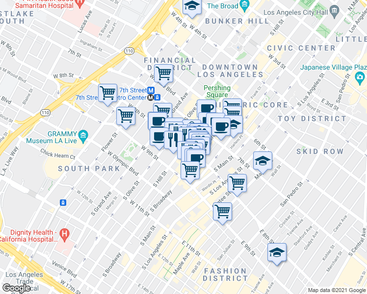 map of restaurants, bars, coffee shops, grocery stores, and more near 403 W 8th St in Los Angeles