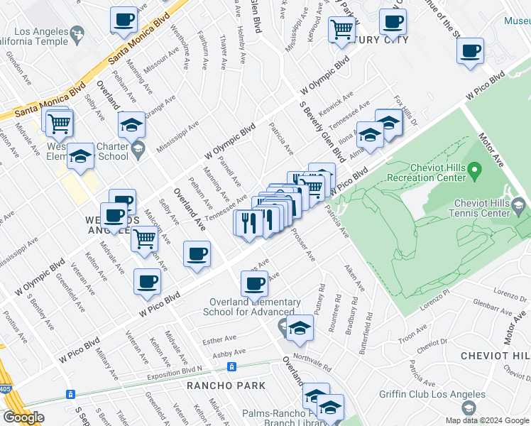 map of restaurants, bars, coffee shops, grocery stores, and more near 2342 Parnell Avenue in Los Angeles