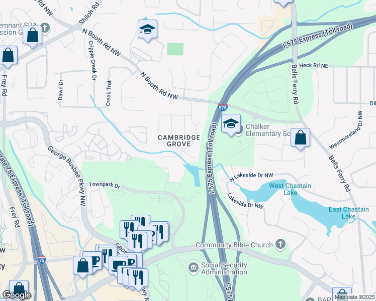 map of restaurants, bars, coffee shops, grocery stores, and more near 321 Ethridge Drive Northwest in Kennesaw