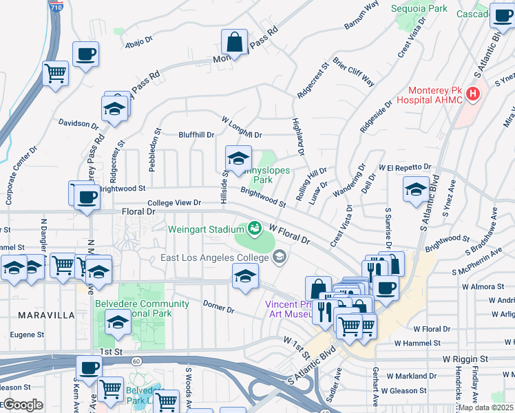 map of restaurants, bars, coffee shops, grocery stores, and more near 1601 College View Drive in Monterey Park