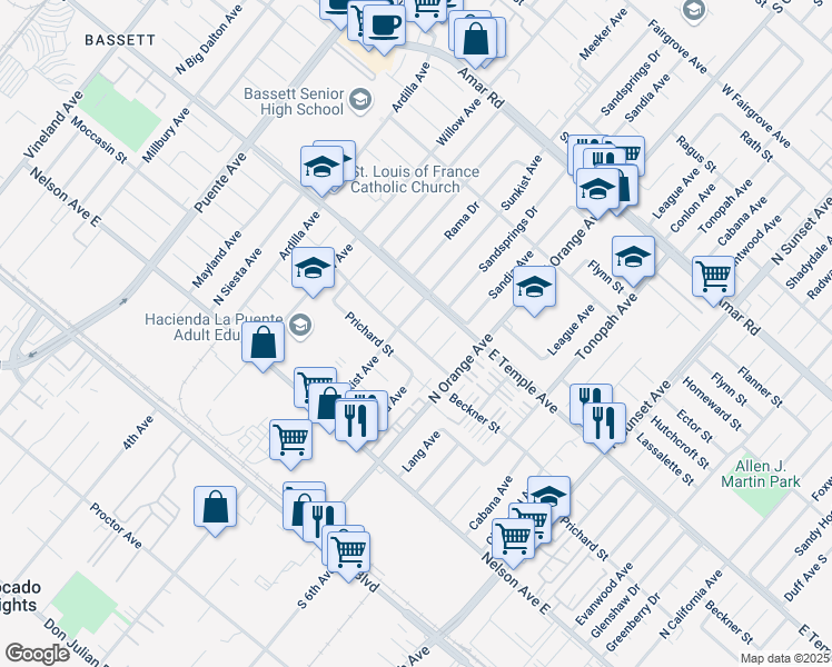 map of restaurants, bars, coffee shops, grocery stores, and more near 503 Sandia Avenue in La Puente
