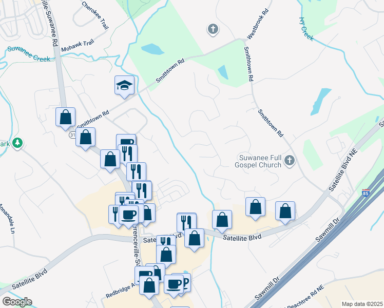 map of restaurants, bars, coffee shops, grocery stores, and more near 160 White Sands Court Northeast in Suwanee