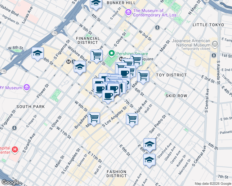 map of restaurants, bars, coffee shops, grocery stores, and more near 7th Street & South Spring Street in Los Angeles