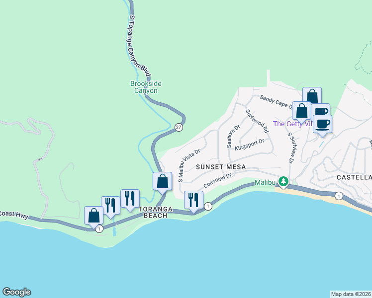 map of restaurants, bars, coffee shops, grocery stores, and more near 18428 West Clifftop Way in Malibu