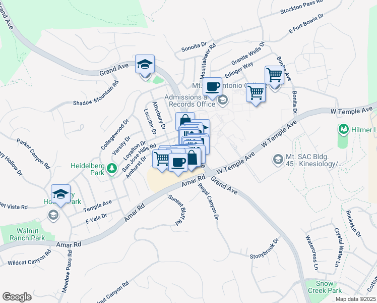 map of restaurants, bars, coffee shops, grocery stores, and more near 1245 S Grand Ave in Walnut