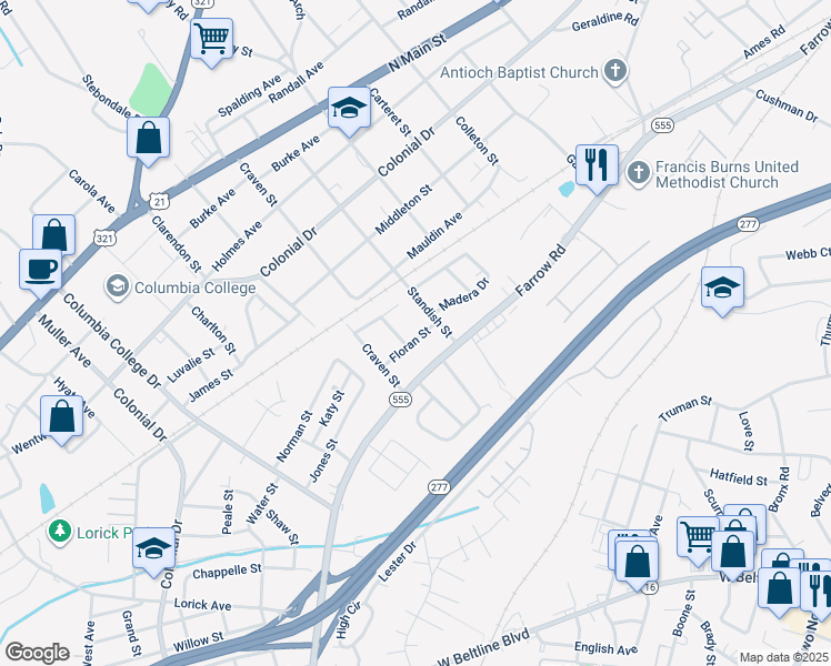 map of restaurants, bars, coffee shops, grocery stores, and more near 5139 Floran Street in Columbia