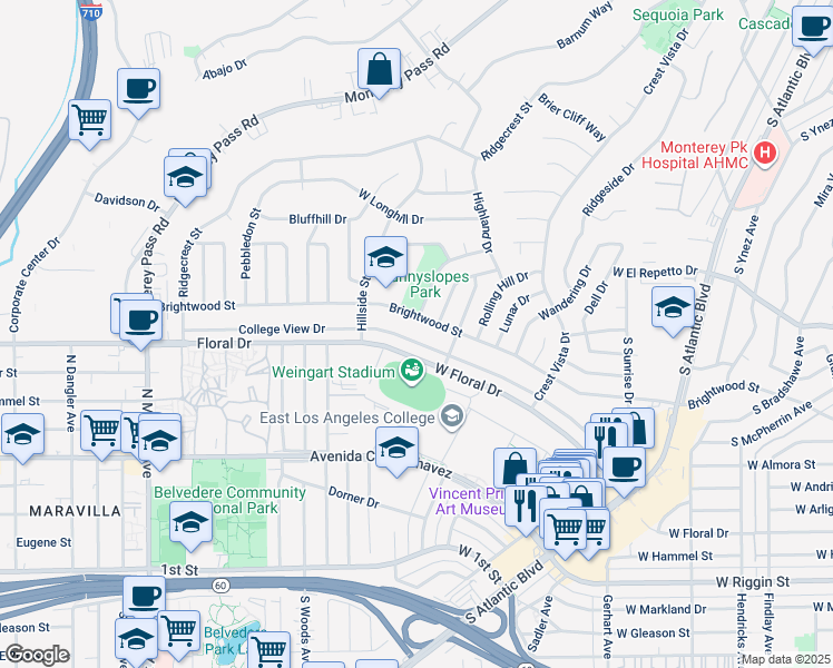 map of restaurants, bars, coffee shops, grocery stores, and more near 1601 College View Drive in Monterey Park