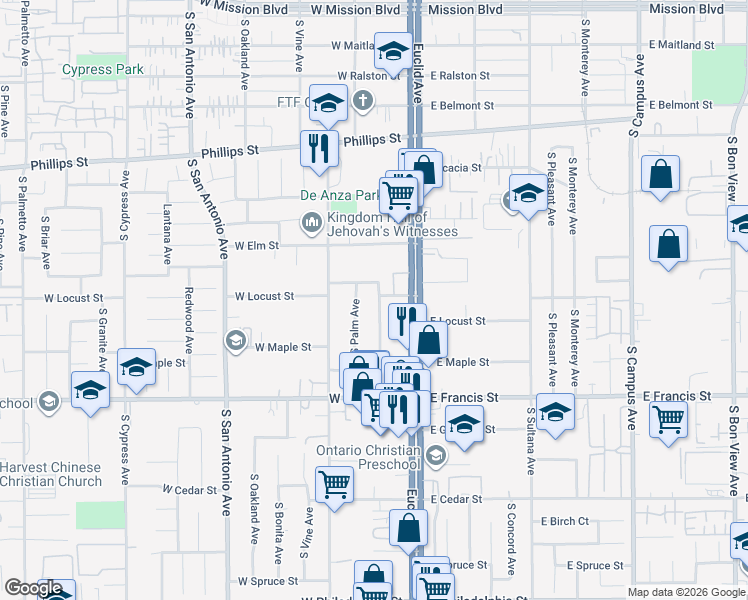 map of restaurants, bars, coffee shops, grocery stores, and more near 1620 South Laurel Avenue in Ontario