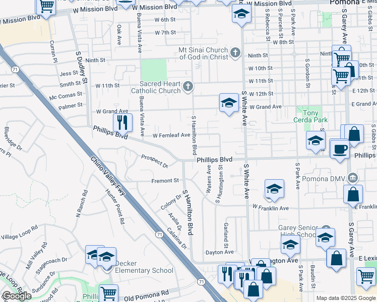 map of restaurants, bars, coffee shops, grocery stores, and more near 1123 West Phillips Boulevard in Pomona