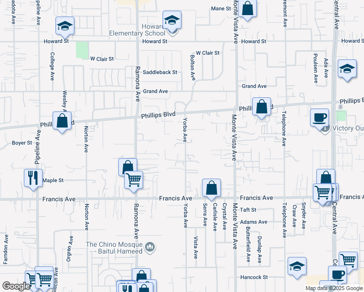 map of restaurants, bars, coffee shops, grocery stores, and more near 11494 Yorba Avenue in Chino