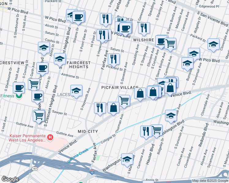 map of restaurants, bars, coffee shops, grocery stores, and more near 1718 South Ogden Drive in Los Angeles