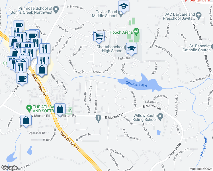map of restaurants, bars, coffee shops, grocery stores, and more near 4915 Streamside Drive in Alpharetta