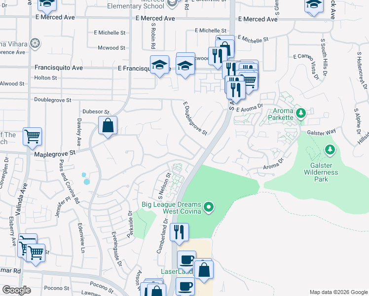 map of restaurants, bars, coffee shops, grocery stores, and more near 1713 East Almanac Drive in West Covina