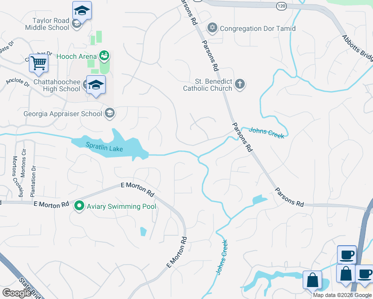 map of restaurants, bars, coffee shops, grocery stores, and more near 260 Creekside Park Drive in Alpharetta