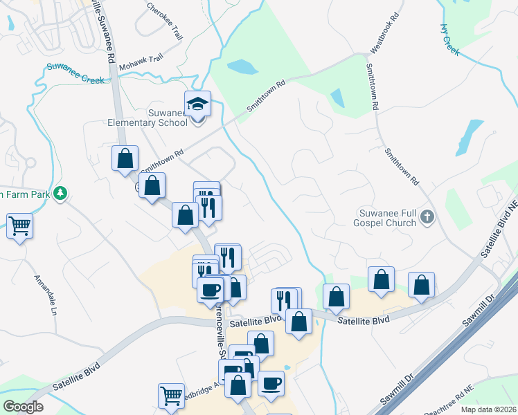 map of restaurants, bars, coffee shops, grocery stores, and more near 3439 Bonneville Way in Suwanee