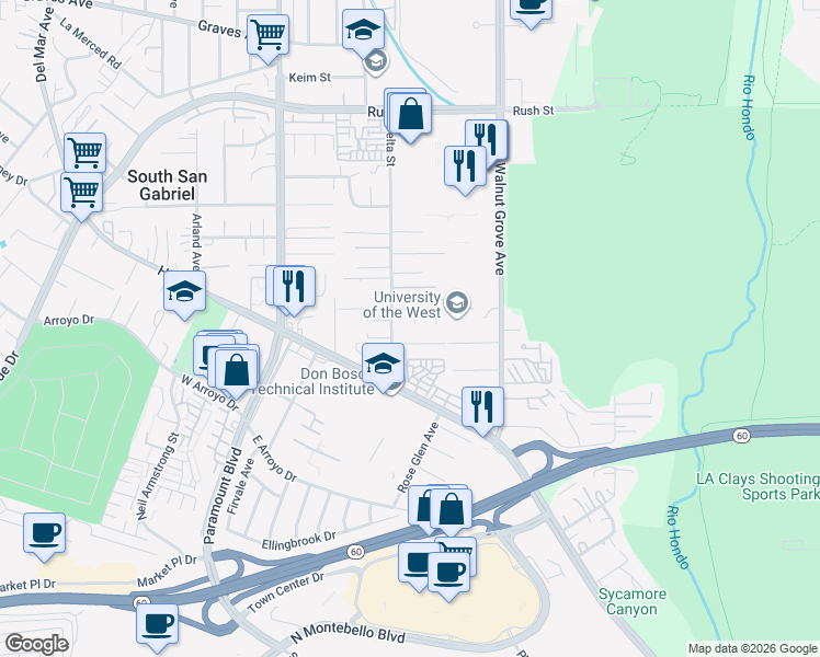 map of restaurants, bars, coffee shops, grocery stores, and more near 1301 Pinetree Lane in Rosemead