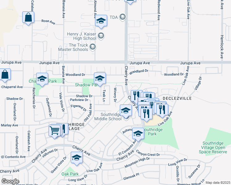 map of restaurants, bars, coffee shops, grocery stores, and more near Southwood Drive in Fontana
