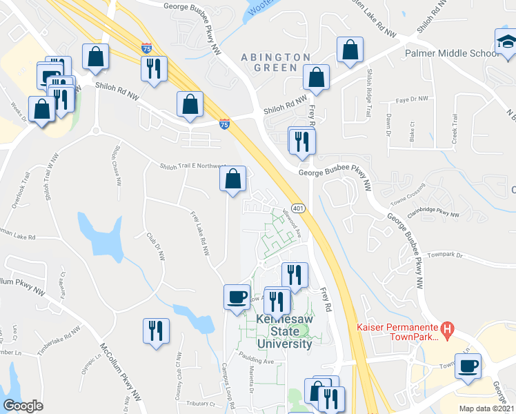 map of restaurants, bars, coffee shops, grocery stores, and more near 1074 Canton Place Northwest in Kennesaw