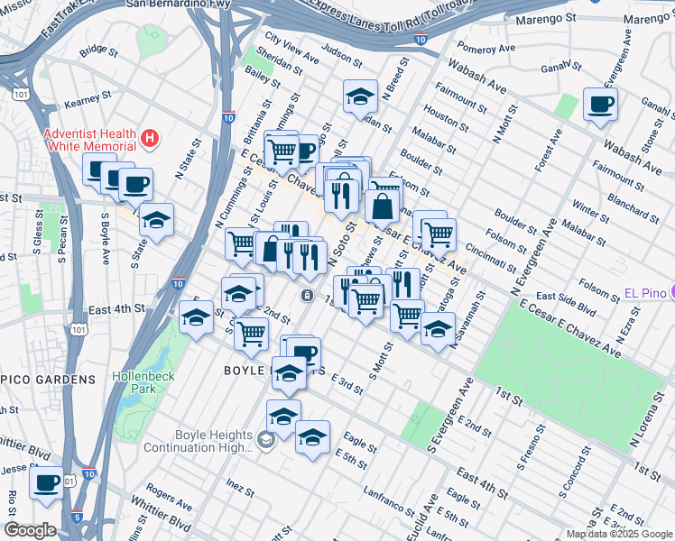 map of restaurants, bars, coffee shops, grocery stores, and more near 138 North Soto Street in Los Angeles