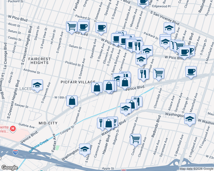 map of restaurants, bars, coffee shops, grocery stores, and more near 1645 South Sierra Bonita Avenue in Los Angeles