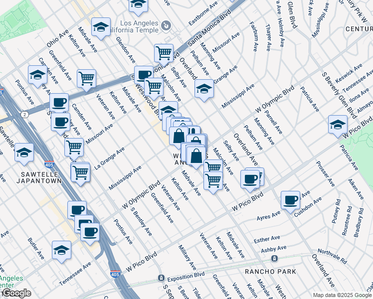 map of restaurants, bars, coffee shops, grocery stores, and more near 2139 Westwood Boulevard in Los Angeles