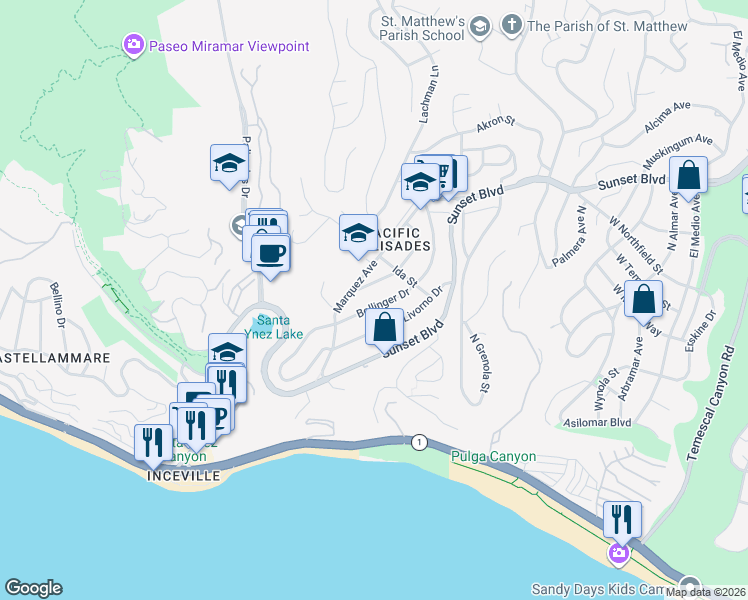 map of restaurants, bars, coffee shops, grocery stores, and more near 16879 Bollinger Drive in Los Angeles