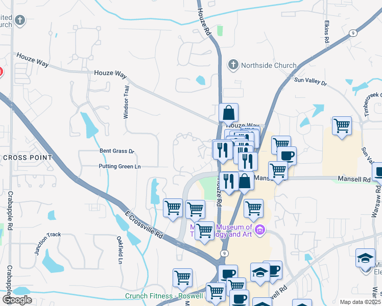 map of restaurants, bars, coffee shops, grocery stores, and more near 1000 Applewood Drive in Roswell