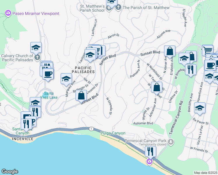 map of restaurants, bars, coffee shops, grocery stores, and more near 533 North Marquette Street in Los Angeles
