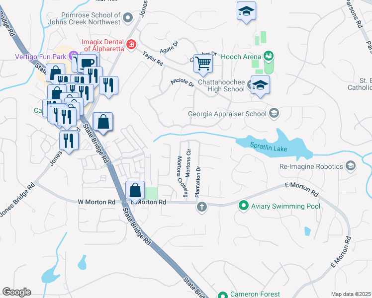 map of restaurants, bars, coffee shops, grocery stores, and more near 10785 Mortons Crossing in Alpharetta