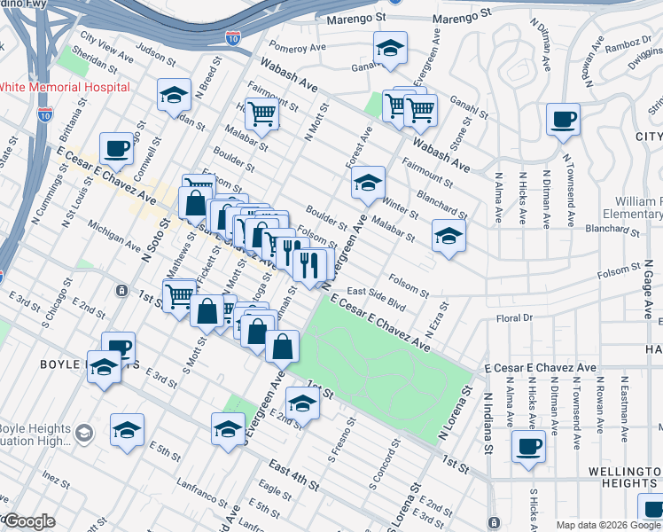 map of restaurants, bars, coffee shops, grocery stores, and more near 416 North Evergreen Avenue in Los Angeles