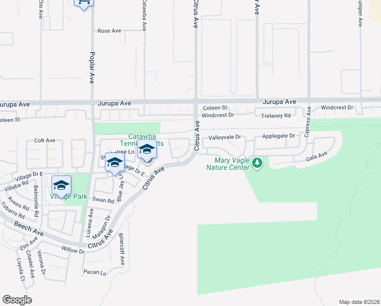 map of restaurants, bars, coffee shops, grocery stores, and more near 11443 Citrus Glen Lane in Fontana