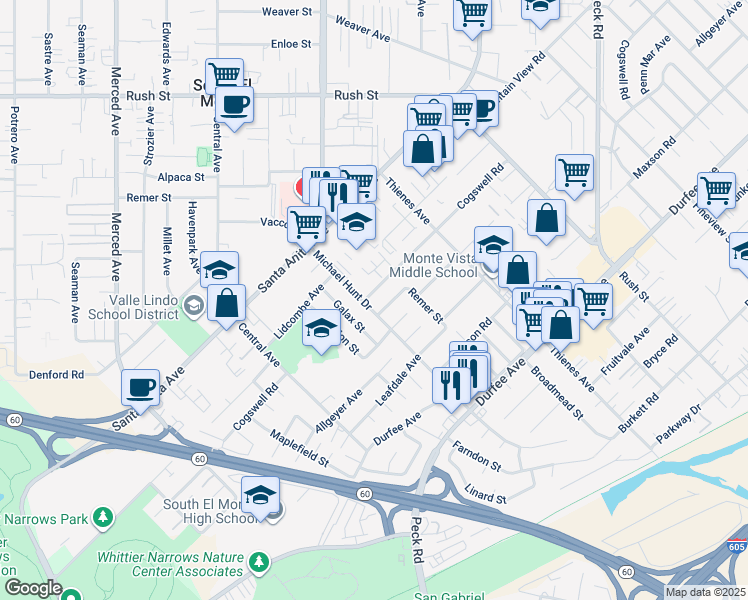 map of restaurants, bars, coffee shops, grocery stores, and more near 1608 Cogswell Road in South El Monte