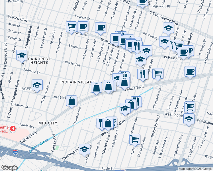 map of restaurants, bars, coffee shops, grocery stores, and more near 1645 South Sierra Bonita Avenue in Los Angeles