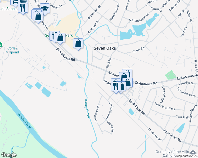 map of restaurants, bars, coffee shops, grocery stores, and more near 115 Tram Road in Columbia