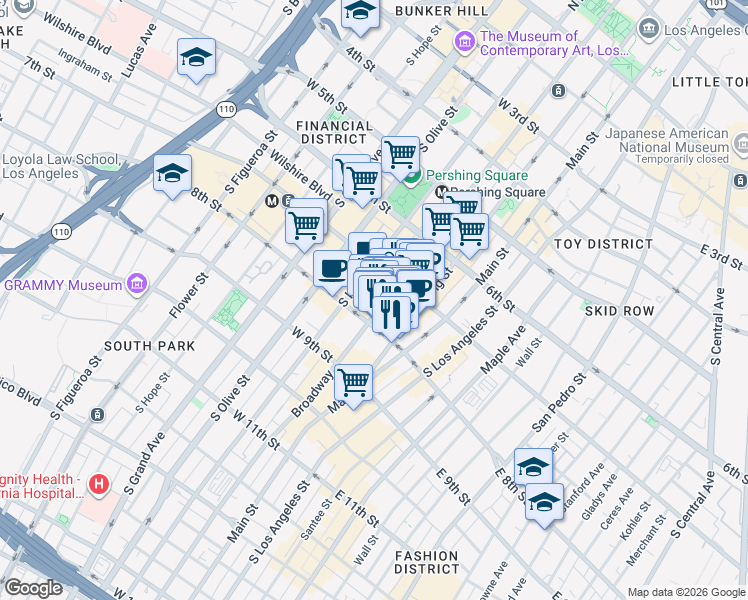 map of restaurants, bars, coffee shops, grocery stores, and more near 742 South Broadway in Los Angeles