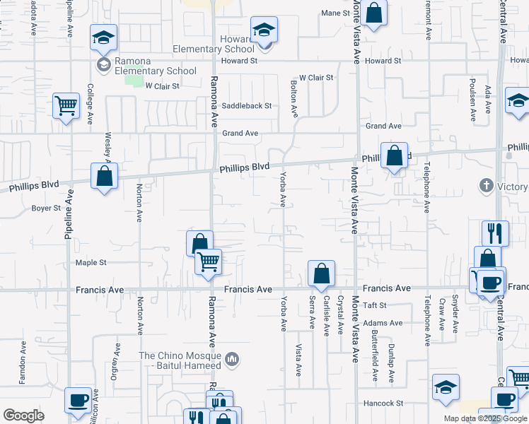 map of restaurants, bars, coffee shops, grocery stores, and more near 11494 Yorba Avenue in Chino