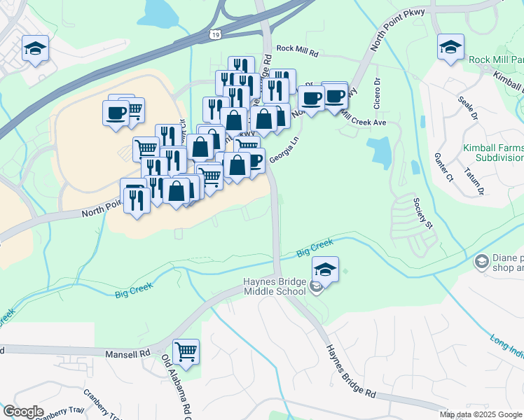 map of restaurants, bars, coffee shops, grocery stores, and more near 900 Jameson Pass in Alpharetta