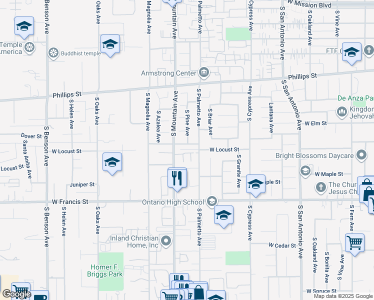 map of restaurants, bars, coffee shops, grocery stores, and more near 1625 South Mountain Avenue in Ontario