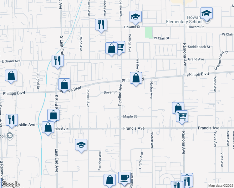 map of restaurants, bars, coffee shops, grocery stores, and more near 11494 Pipeline Avenue in Chino