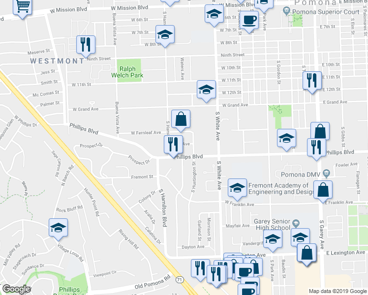 map of restaurants, bars, coffee shops, grocery stores, and more near 1071 West Phillips Boulevard in Pomona