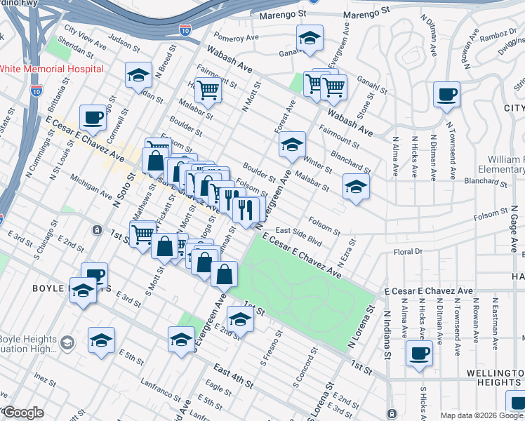 map of restaurants, bars, coffee shops, grocery stores, and more near 416 North Evergreen Avenue in Los Angeles